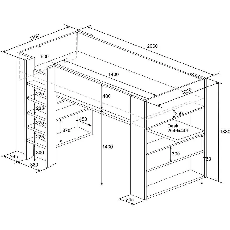 Hoogslaper Beau 90x200 met bureau - wit/grafiet
