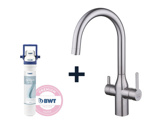 KEO NOA keukenkraan met filterfunctie, roestvrij staal, inclusief BWT MyAqua Soft filter en filterkop, filtert chloor, kalkaanslag en zware metalen