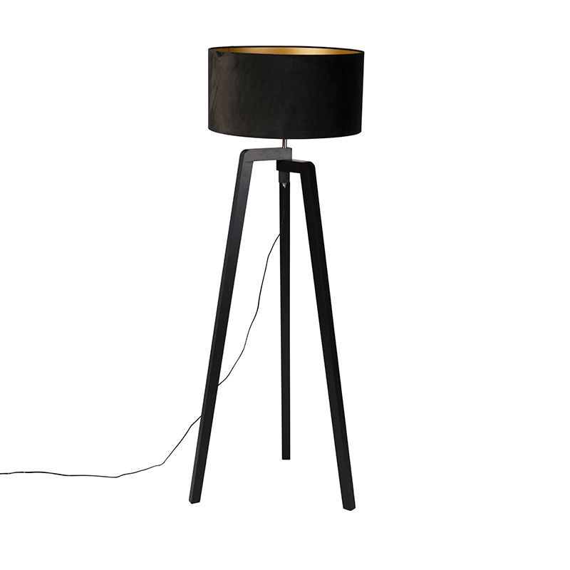 Vloerlamp tripod zwart hout met zwarte kap 50 cm - Puros