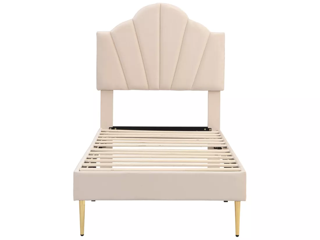Lit 90x200cm en velours - tête de lit en forme de coquille - Beige