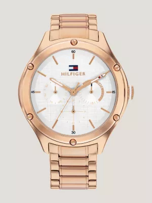 Relógio de pulso com pulseira, mostrador branco e banho de ouro rosa.