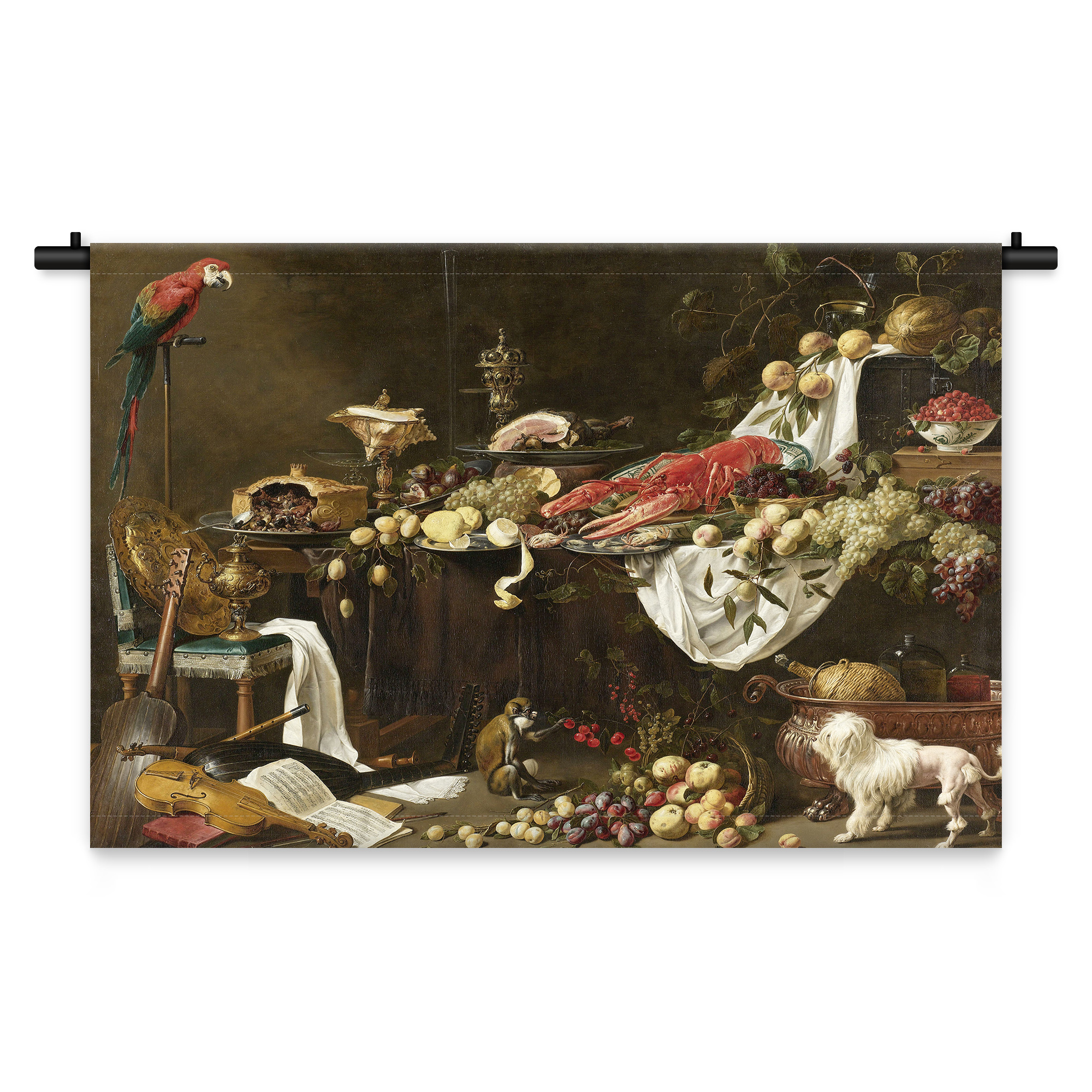 Wandkleed Stilleven met hond en papegaai 150 x 100