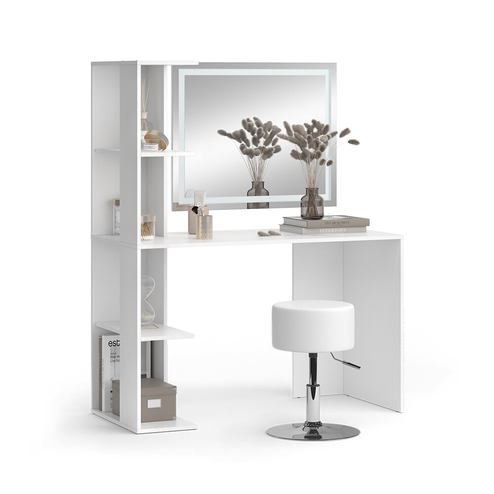 Vicco Schminktisch Tower Weiß 122 x 55 cm mit LED-Spiegel und Hocker