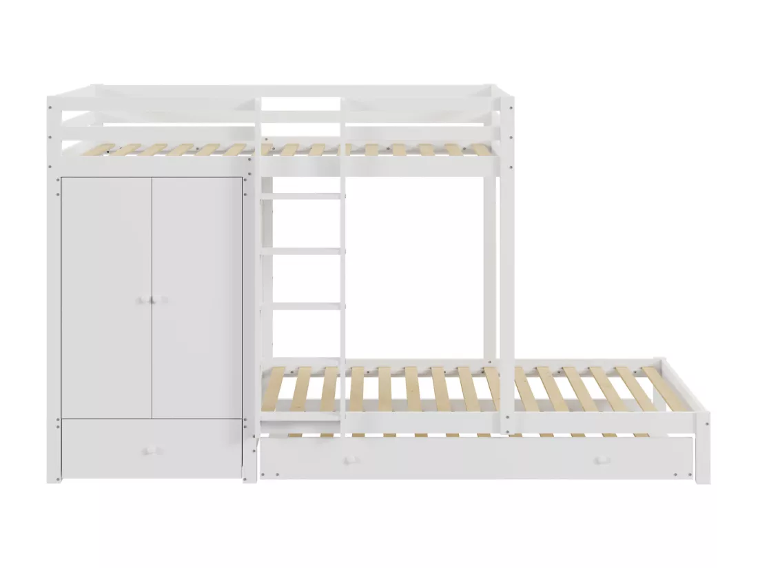 Lit superposé 90x200cm, lit enfant avec lit gigogne 90x190cm, armoire, échelle, tiroirs et compartiment de rangement, blanc