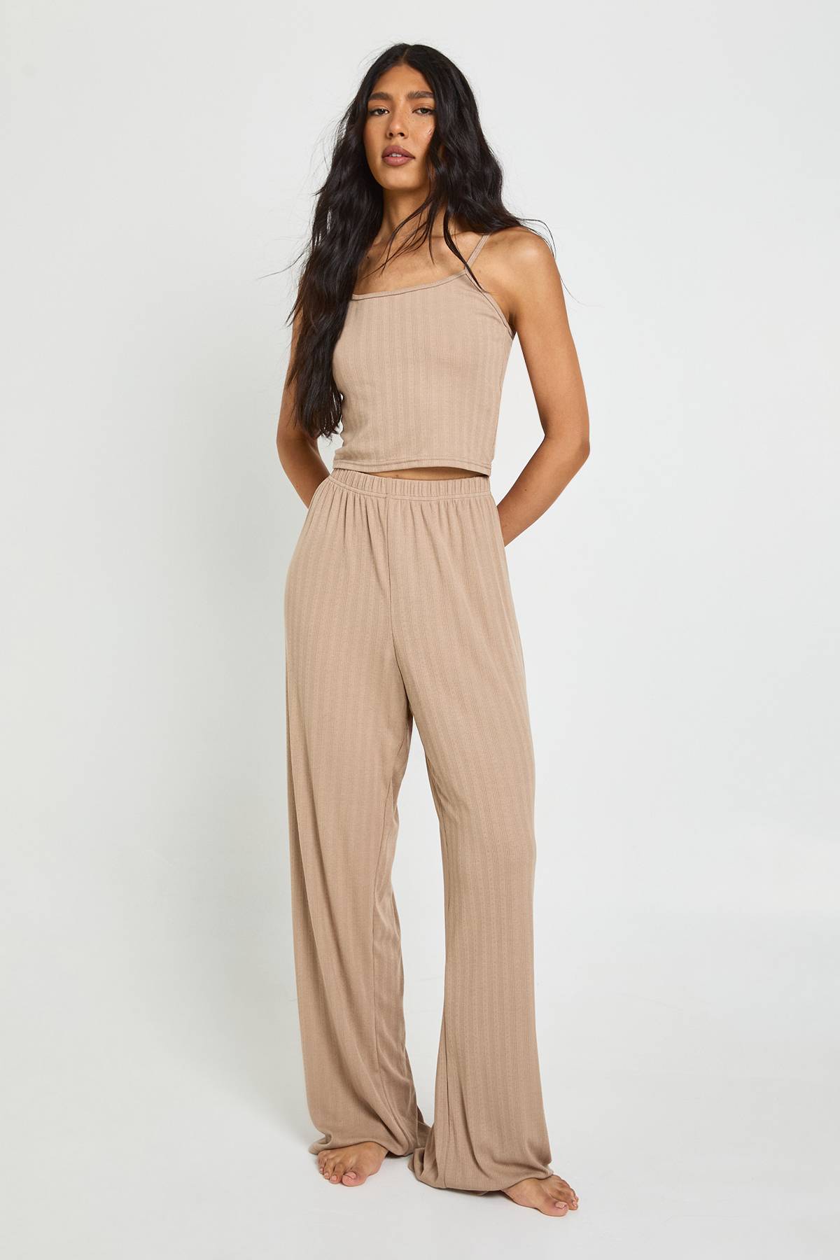 boohoo Ensemble Pyjama Grande Taille Caraco Pointelle Et Pantalon Large