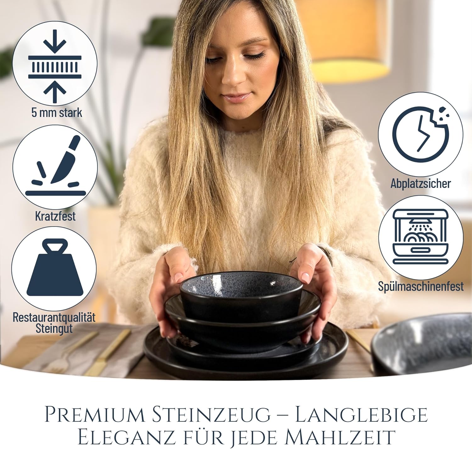 Steingut Geschirrset 6 Personen Ibiza 24 tlg. TESTSIEGER, Traumhaftes Mediterranes Steingut Geschirr Set, Schüssel- und Teller Set, Tafelservice 6 Personen, Geschirrsets Pure Living in Grau
