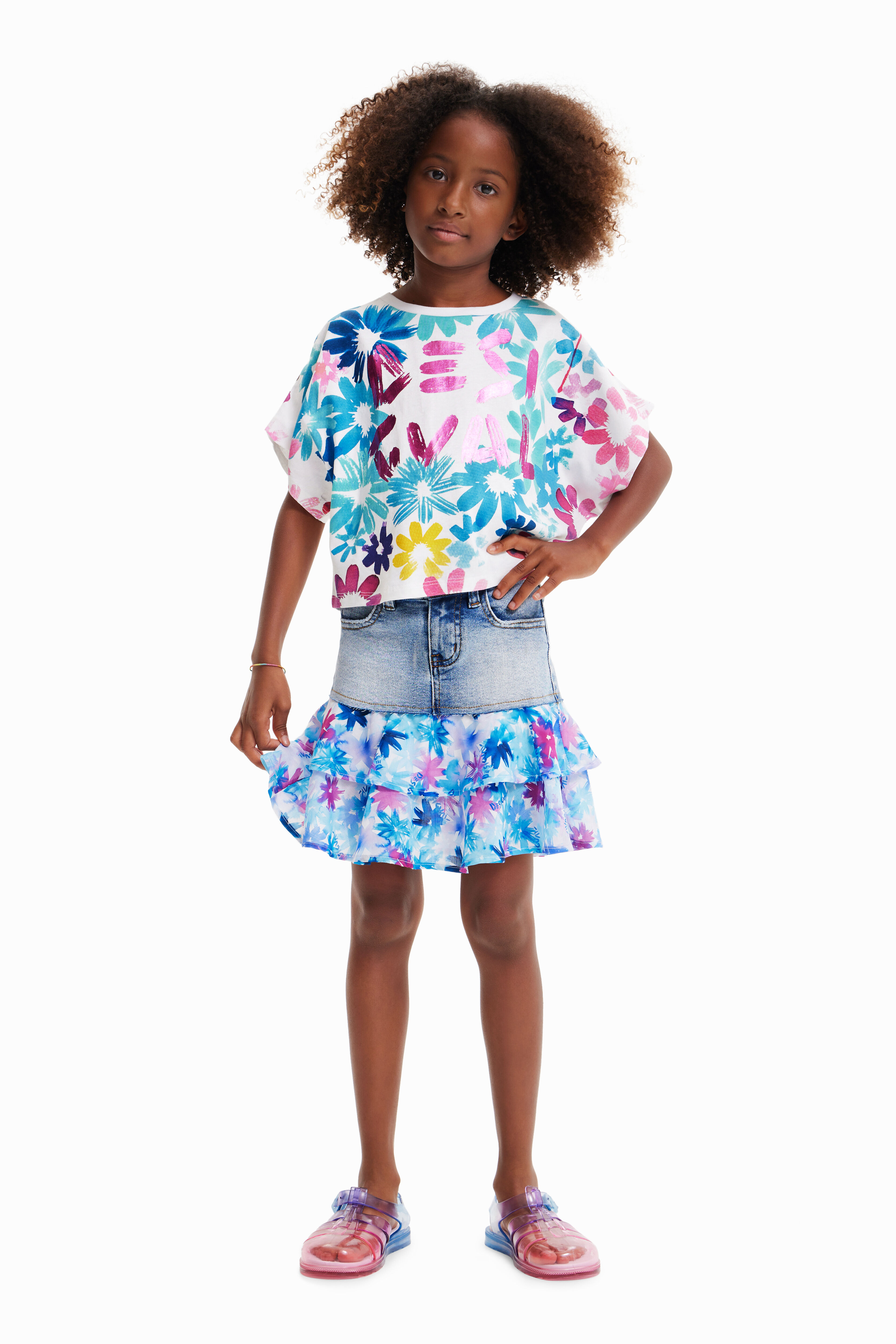 Mini-jupe en jean volants fleurs