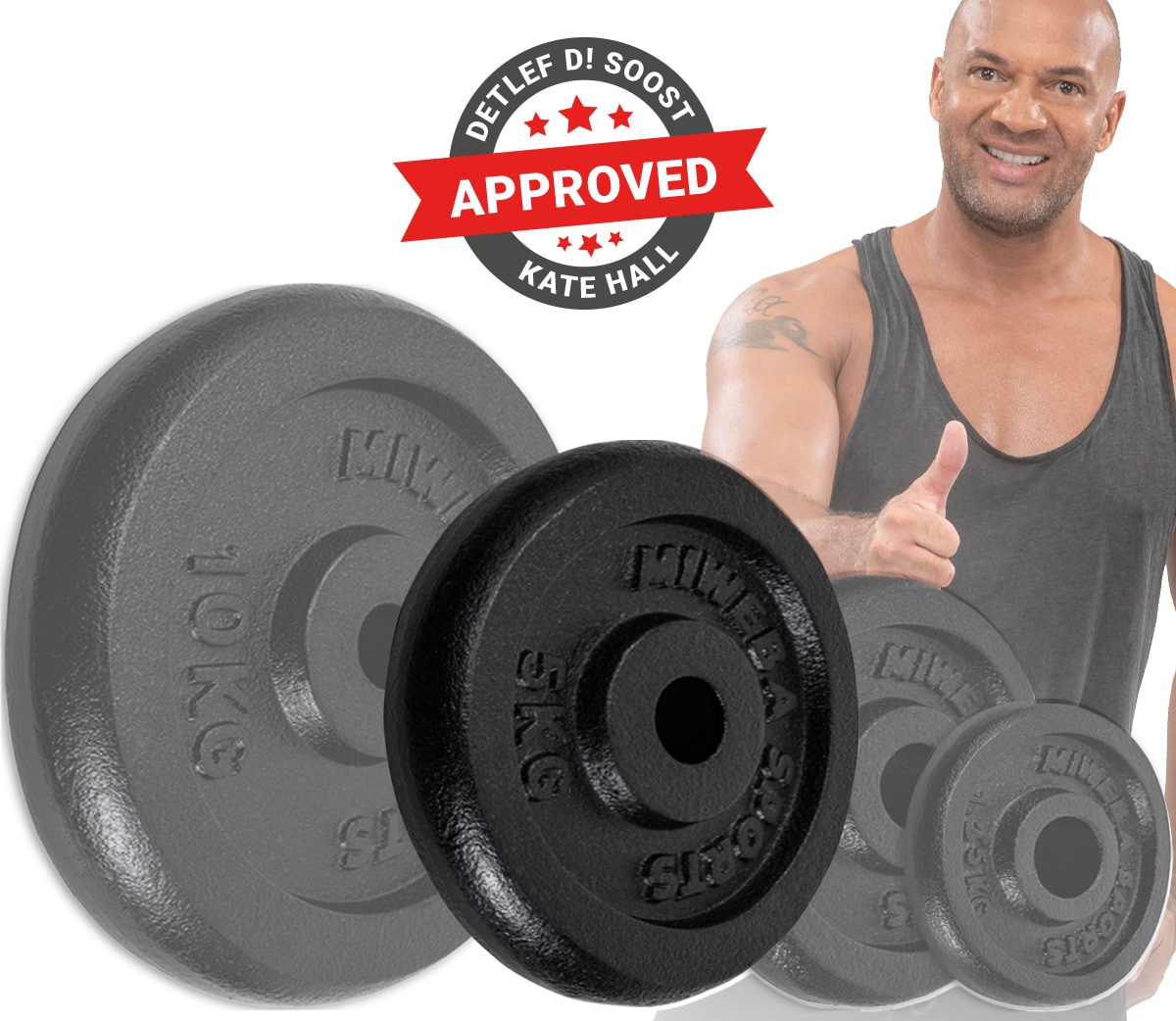 Miweba Sports Hantelscheiben HSG50, 2x 5 kg Hantel-Gewichte, passend für Ø 30mm, Set, Gusseisen
