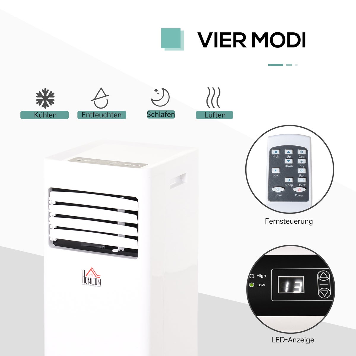 HOMCOM Draagbare airconditioner, 7000BTU 3-in-1 unit - Koelen, ontvochtigen en ventileren - Luchtontvochtiger, ventilator, met afstandsbediening, 24-uurs timer, 2 snelheidsstanden, voor 10-15 m², wit
