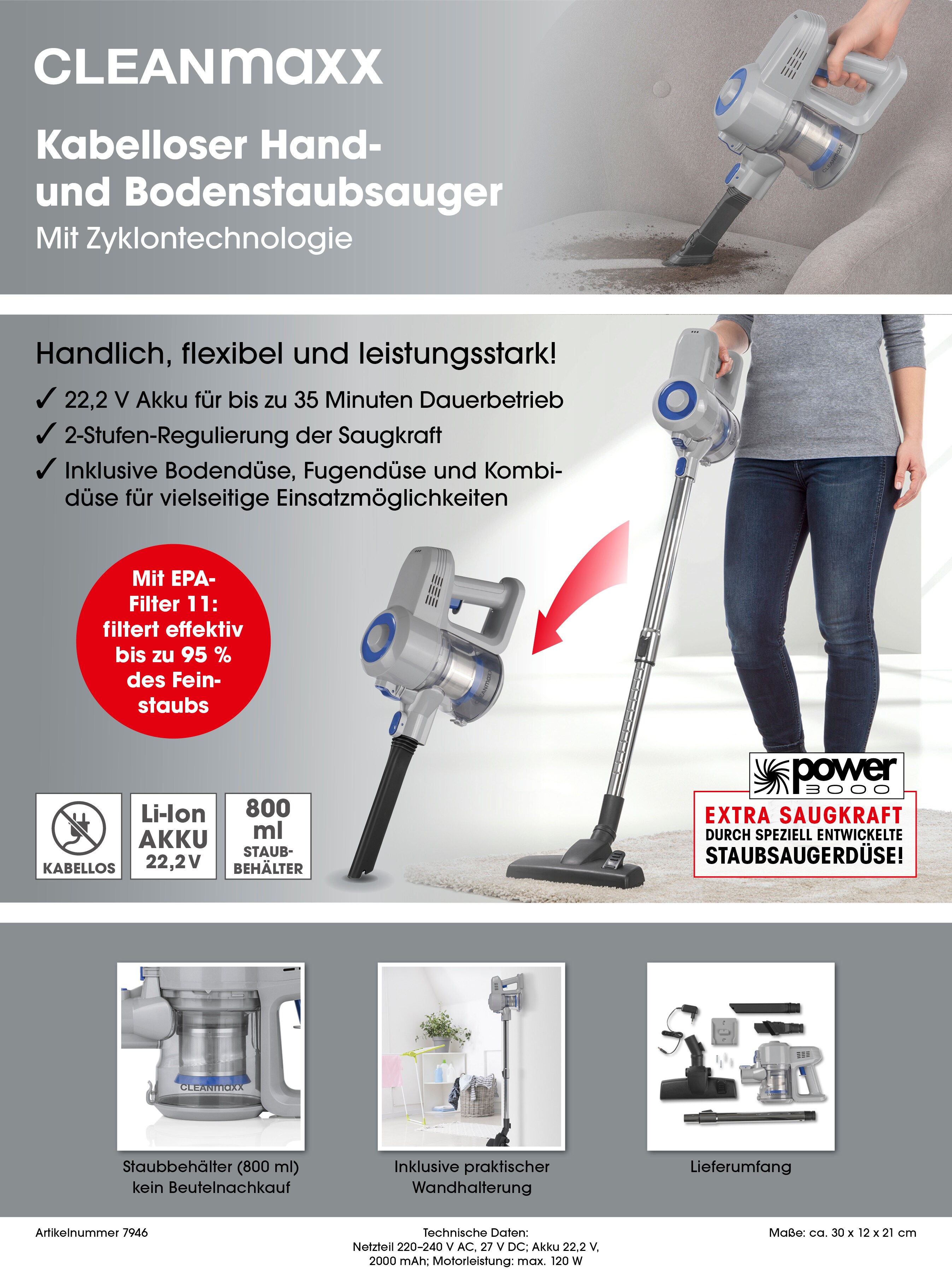 CLEANmaxx Akku-Zyklon-Staubsauger 22,2V