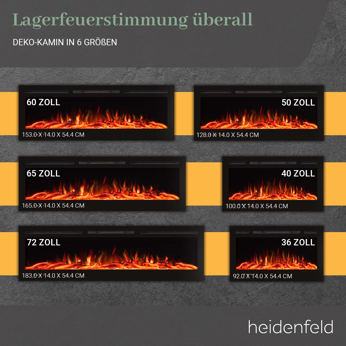 Heidenfeld Elektrokamin HF-WK200, 6 Größen, weiß/schwarz, Wandeinbau, 3D-Flammeneffekt in 10 Farben (Schwarz, 92 x 55 cm)