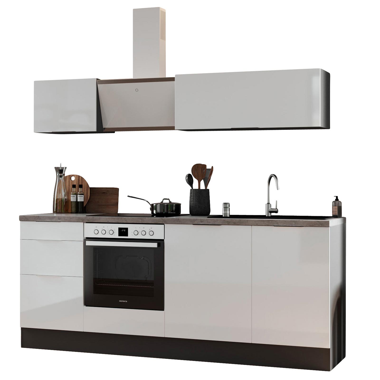 RESPEKTA Küchenblock - weiß Hochglanz - grau matt - mit E-Geräten - 220 cm