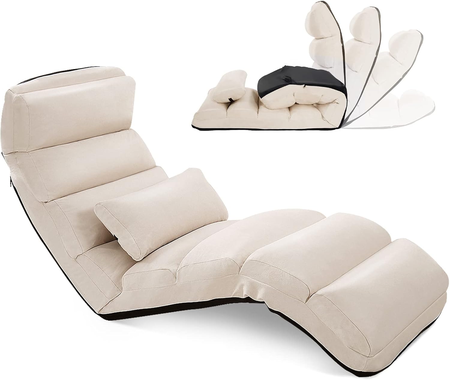 COSTWAY Relaxliege klappbar, Bodenstuhl mit Verstellbarer Rückenlehne, Bodenliege mit Schlaffunktion, Bodensofa, Bodensessel für Gaming, Schlafen, Lesen, Beige