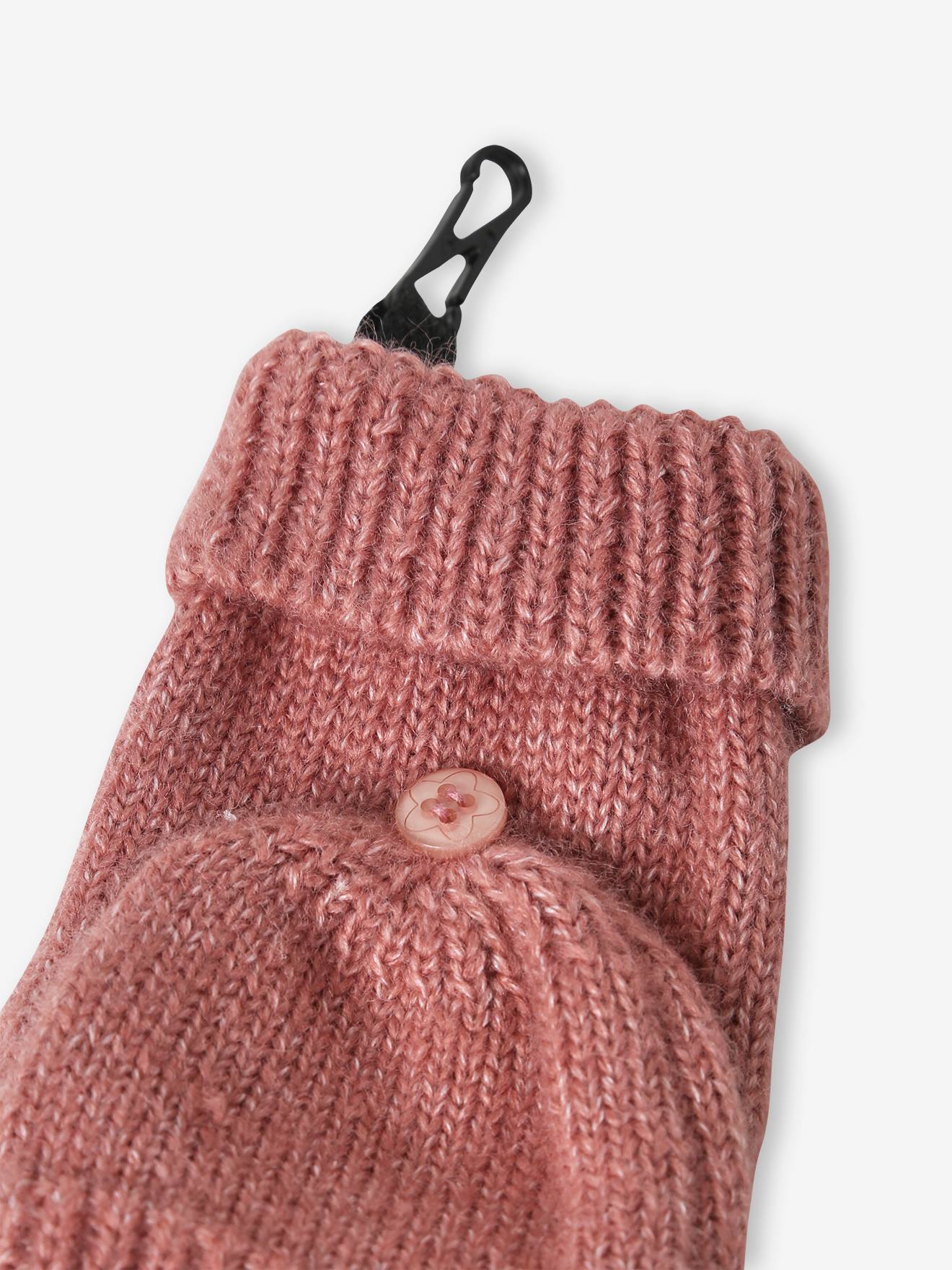 Conjunto infantil de malha canelada: gorro + cachecol + luvas/mitenes na cor rosa antigo