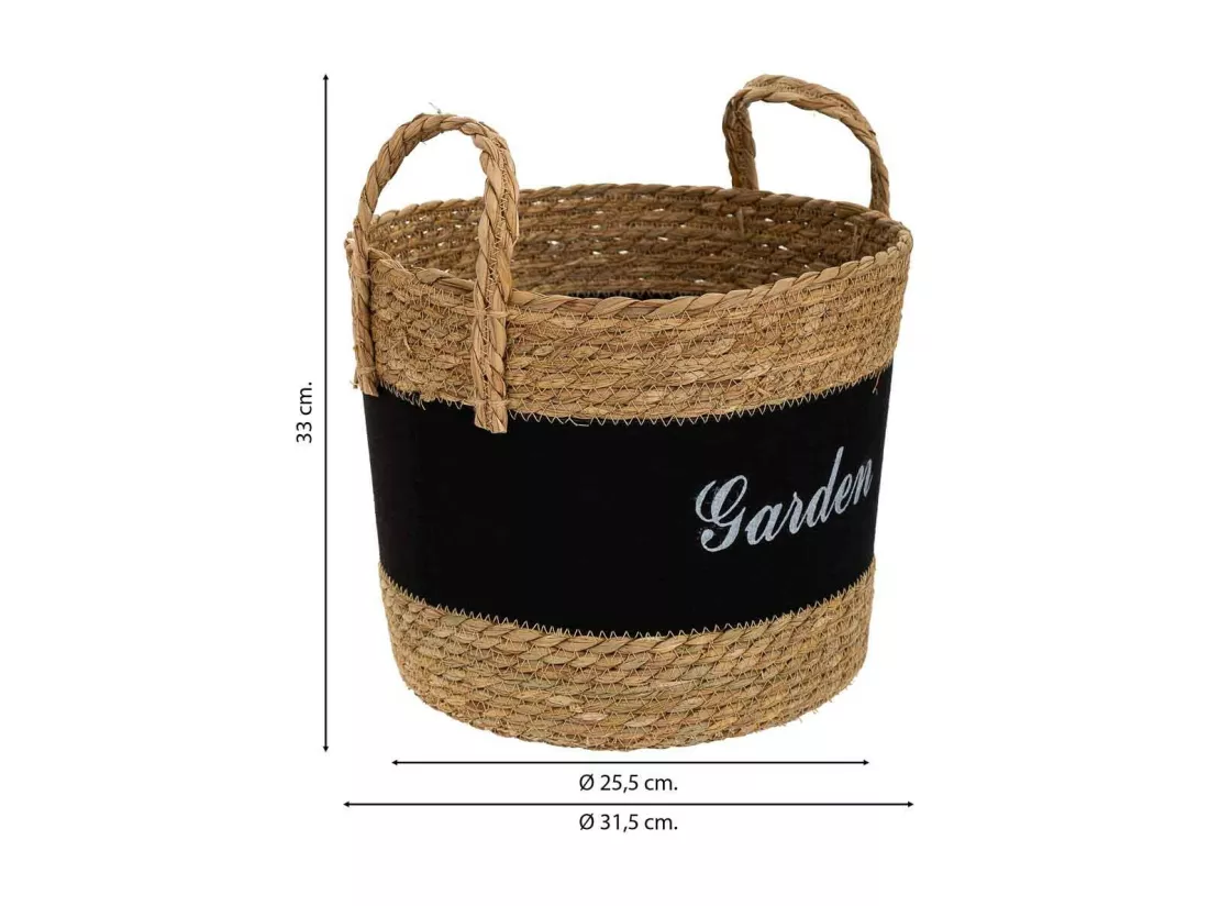 Panier en fibre naturelle et coton noir d31,5x25,5/33h