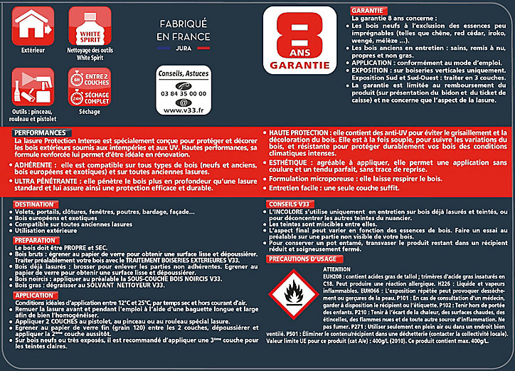 Lasure extérieure protection intense V33 Incolore 1L - 8 ans