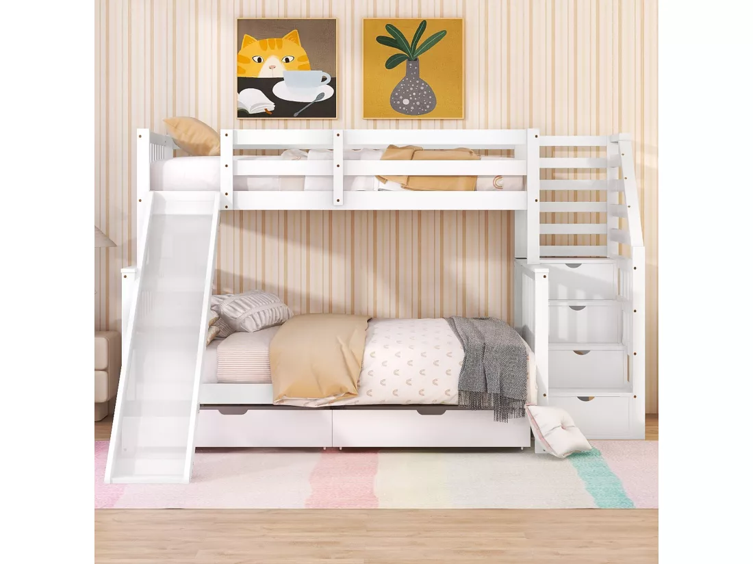 Lits superposés 90 x 200 et 140 x 200 avec tiroirs, espace de rangement et glissière, blanc