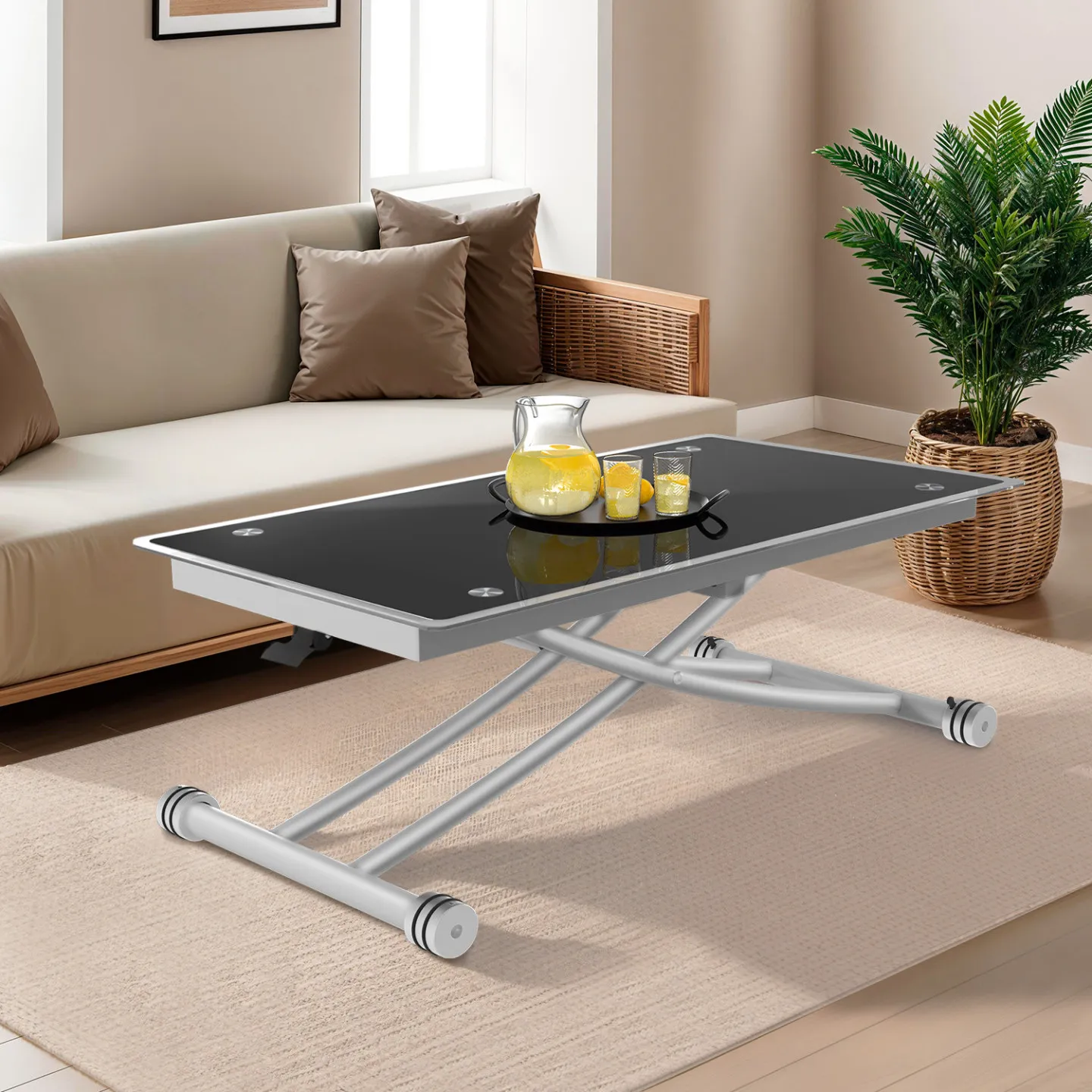 Table basse 2-en-1 relevable en table à manger 2 personnes URBANA plateau verre trempé