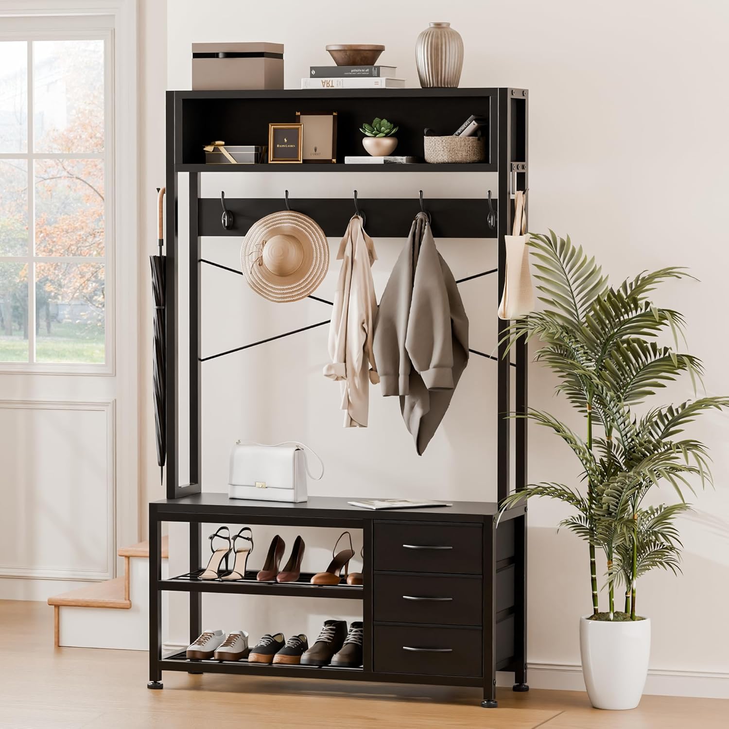 Garderobenständer mit Schuhablage, Garderobe mit Sitzbank, 12 Haken, 3 Schubladen und 1 Ablagefläche, Metallrahmen, 30 x 80 x 180 cm, für Flur Eingänge Schwarz