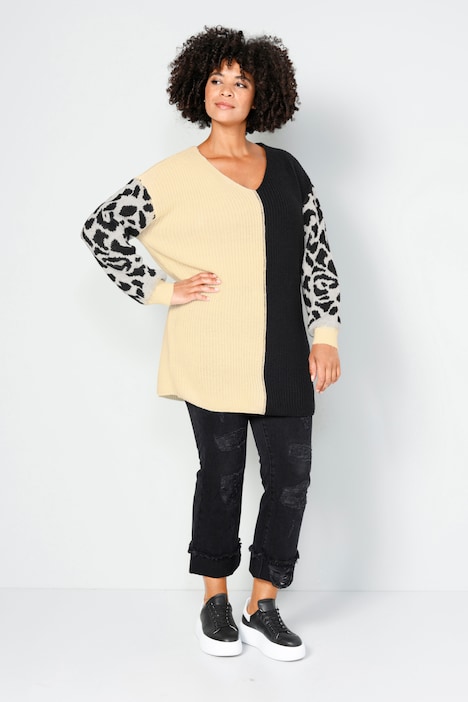 Long-Pullover, oversized, Rippstrick, Leo-Ärmel, V-Ausschnitt