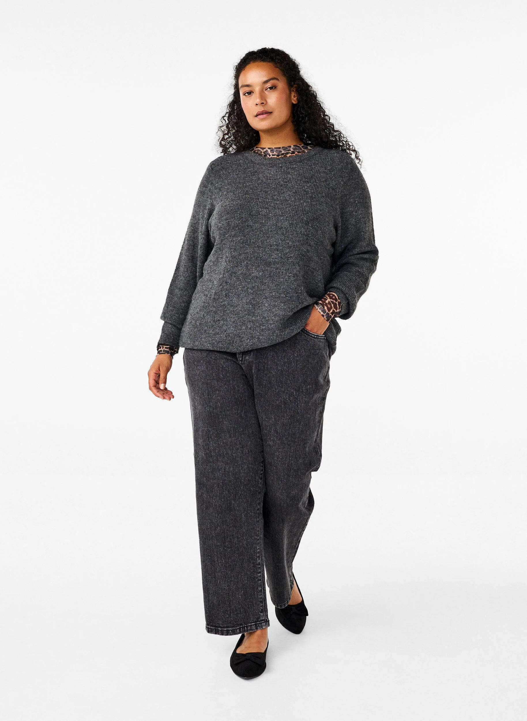Meleret strikbluse med rund hals