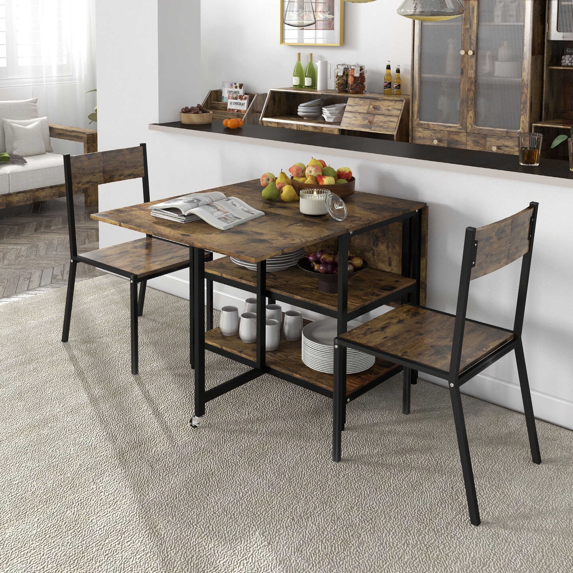 HOMCOM Klappesszimmertisch mit Rollen und 2 Ablageebenen braun 140L x 80B x 75H cm