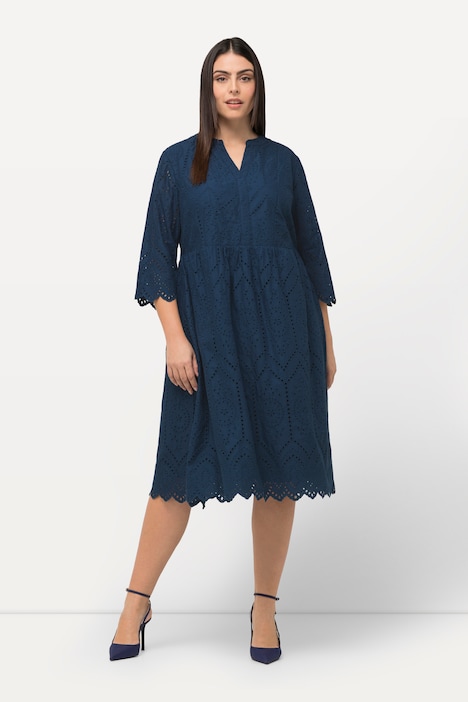 Midikleid, Lochspitze, Tunika-Ausschnitt, 3/4-Arm
