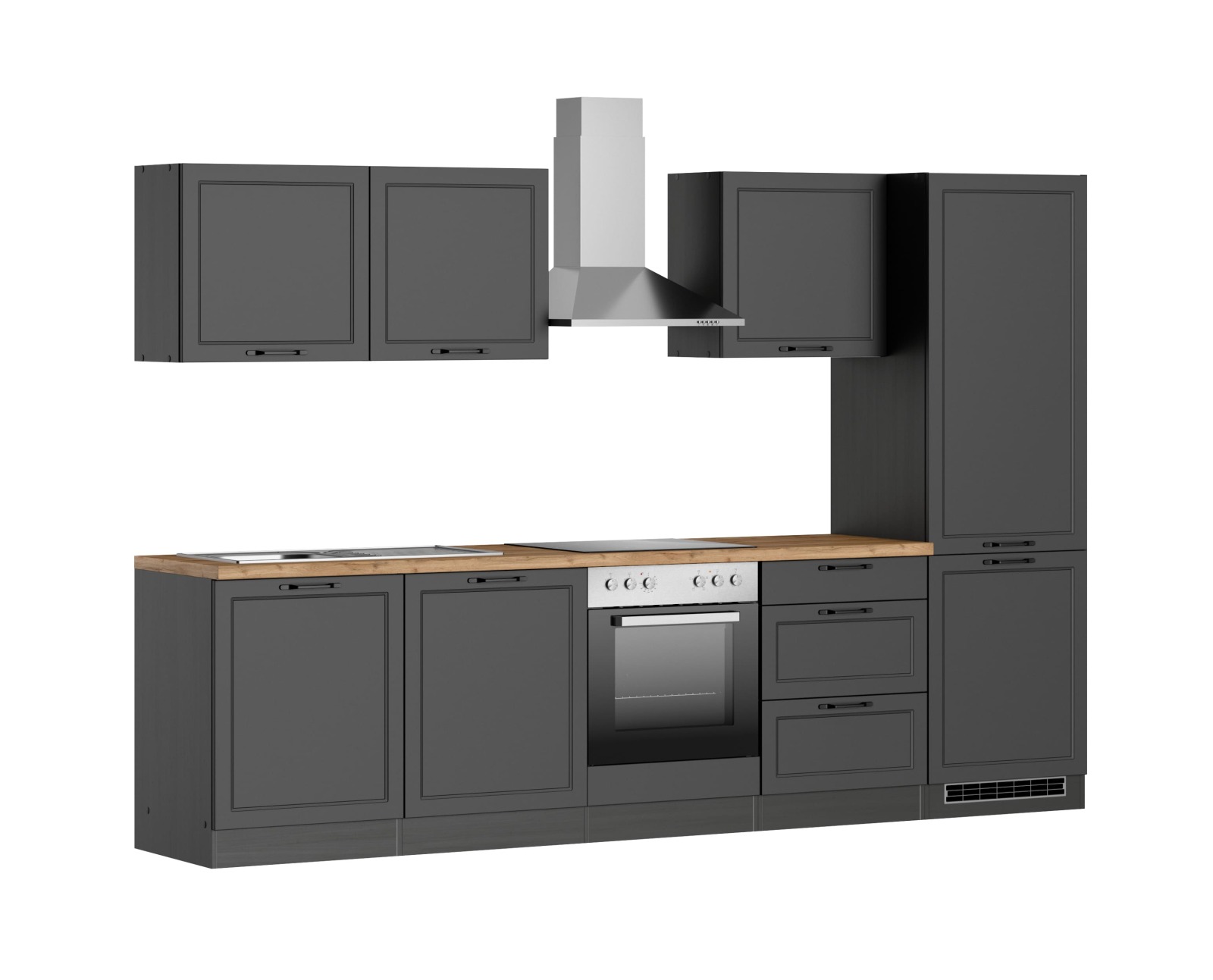 Küchenzeile MERAN - grau - Wotaneiche - mit E-Geräten - 300 cm