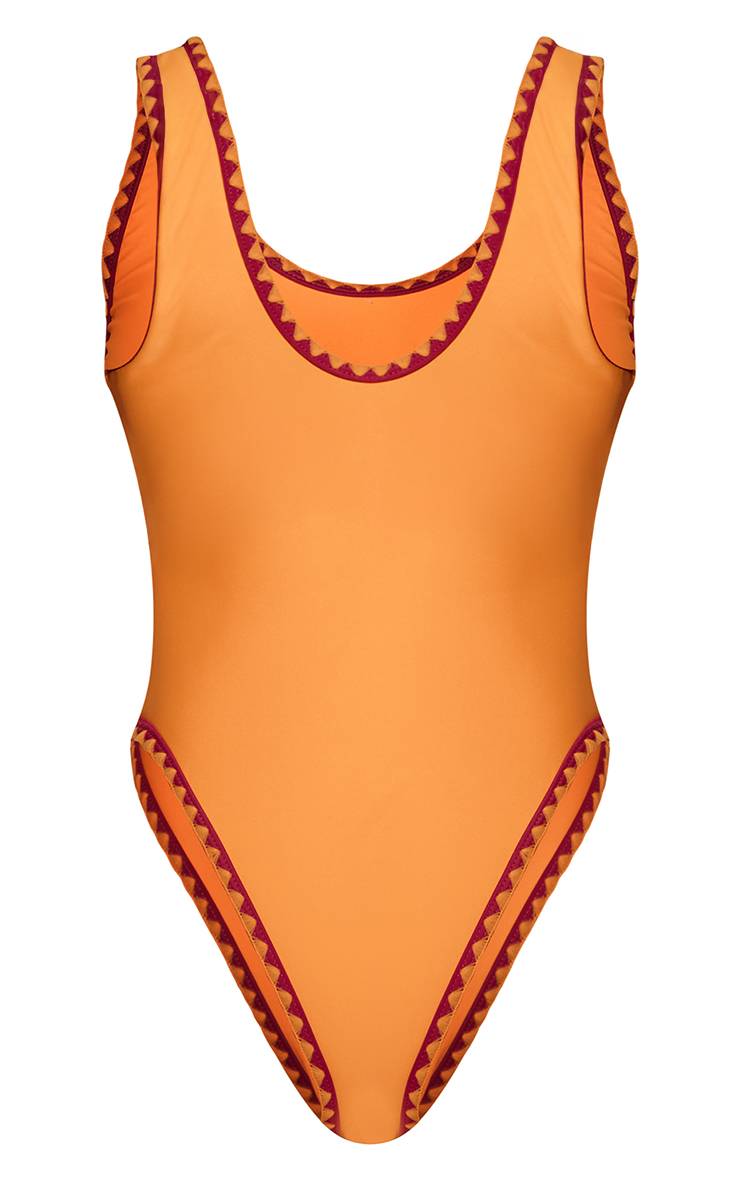 Orange Maillot De Bain Échancré À Surpiqûres Contrastées