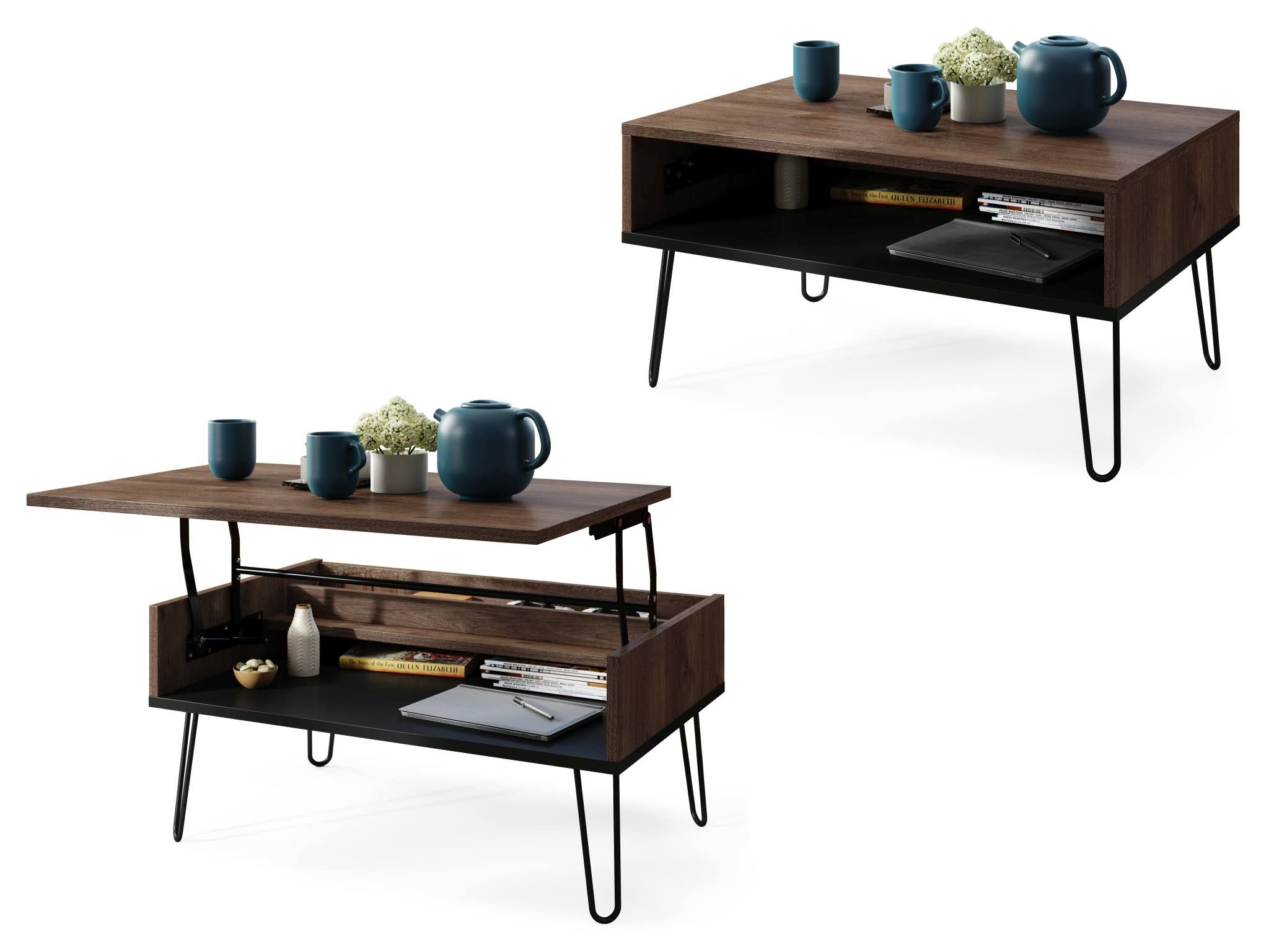 mazzoni HAIRPIN S-90 Eiche/Schwarz Matt MODERNER COUCHTISCH MIT ERHÖHTER PLATTE + FACH UNTER DER TISCHPLATTE + ABLAGEBODEN
