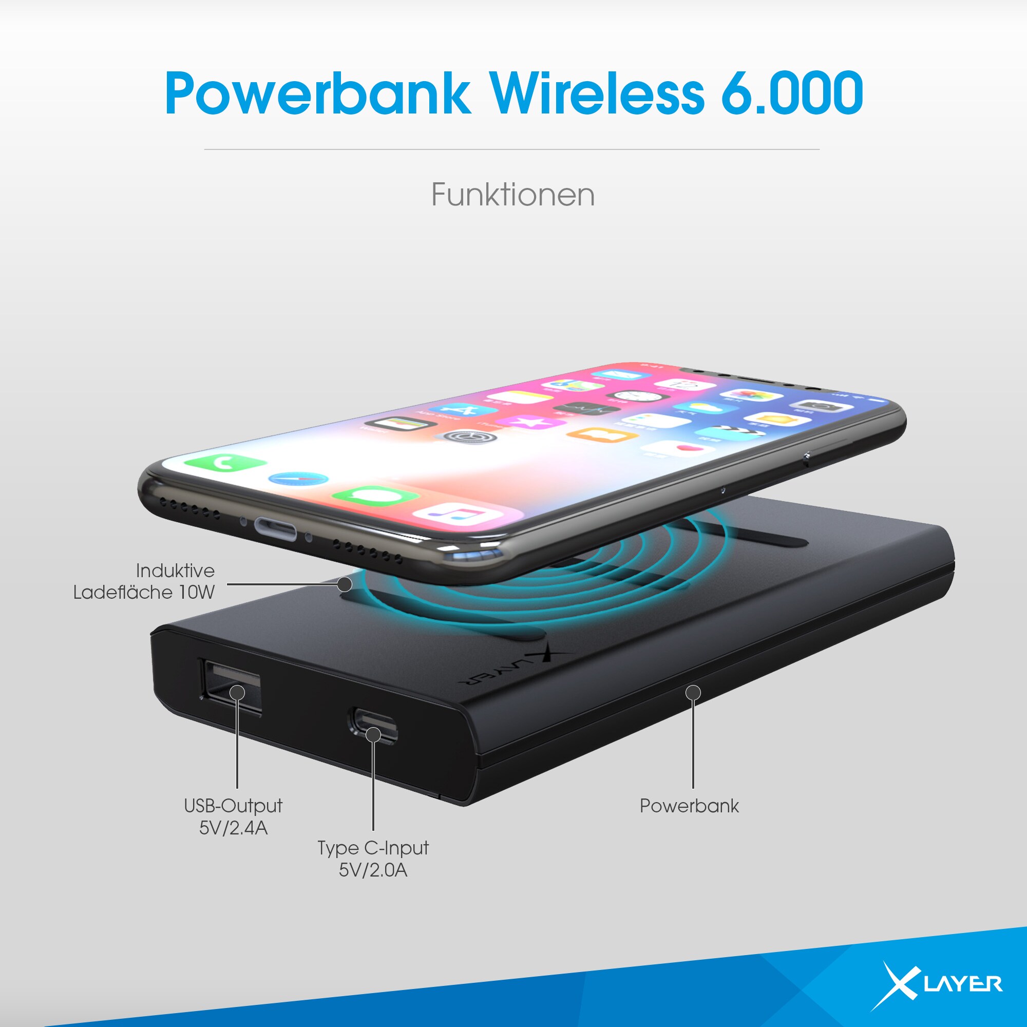 Xlayer WIRELESS Powerbank Wireless Charger with Dock Qi-zertifiziert 6000mAh