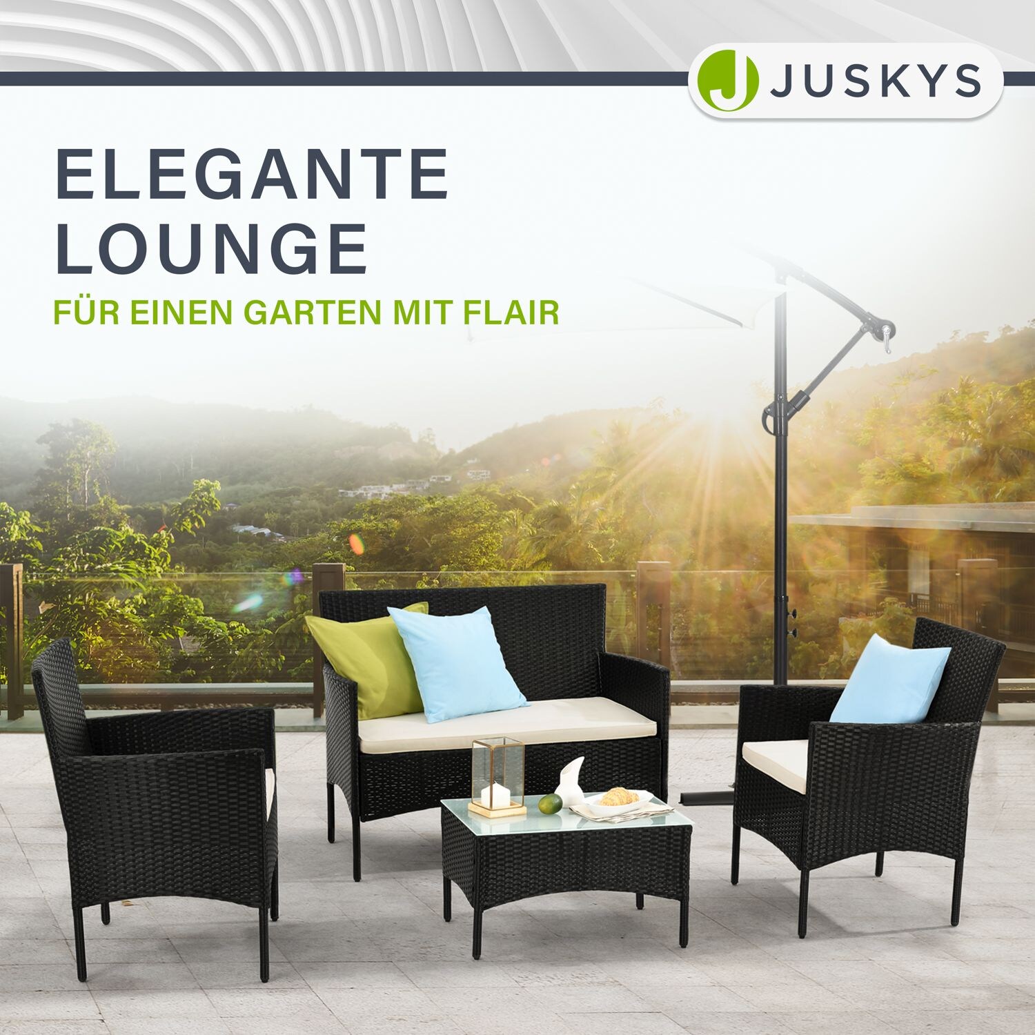 Juskys Polyrattan Gartenmöbel-Set Fort Myers schwarz mit Tisch, Sofa, 2 Stühle & Auflagen