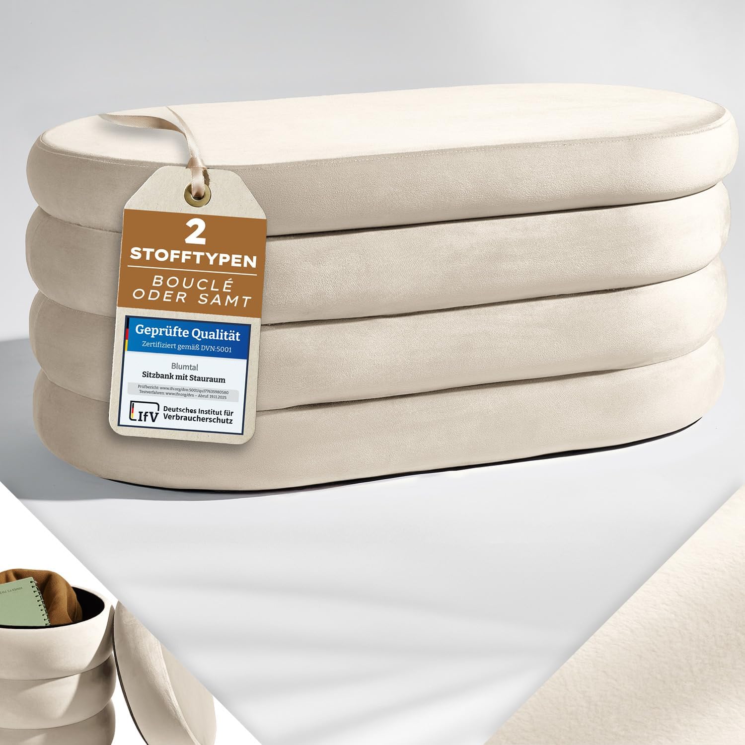 Blumtal Sitzbank mit Stauraum XL oval, Samt-Bezug - robuste Polsterbank mit Stauraum Samtoptik extra weich 110 x 45 x 42.5 cm - Polsterbank mit Stauraum - wunderschöner Samt-Look - Ottoman Creme