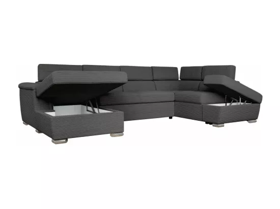 Canapé panoramique 6 places Paola convertible avec 2 coffres en velours côtelé - Gris - L320,5 x P188 x H76cm - Loungitude