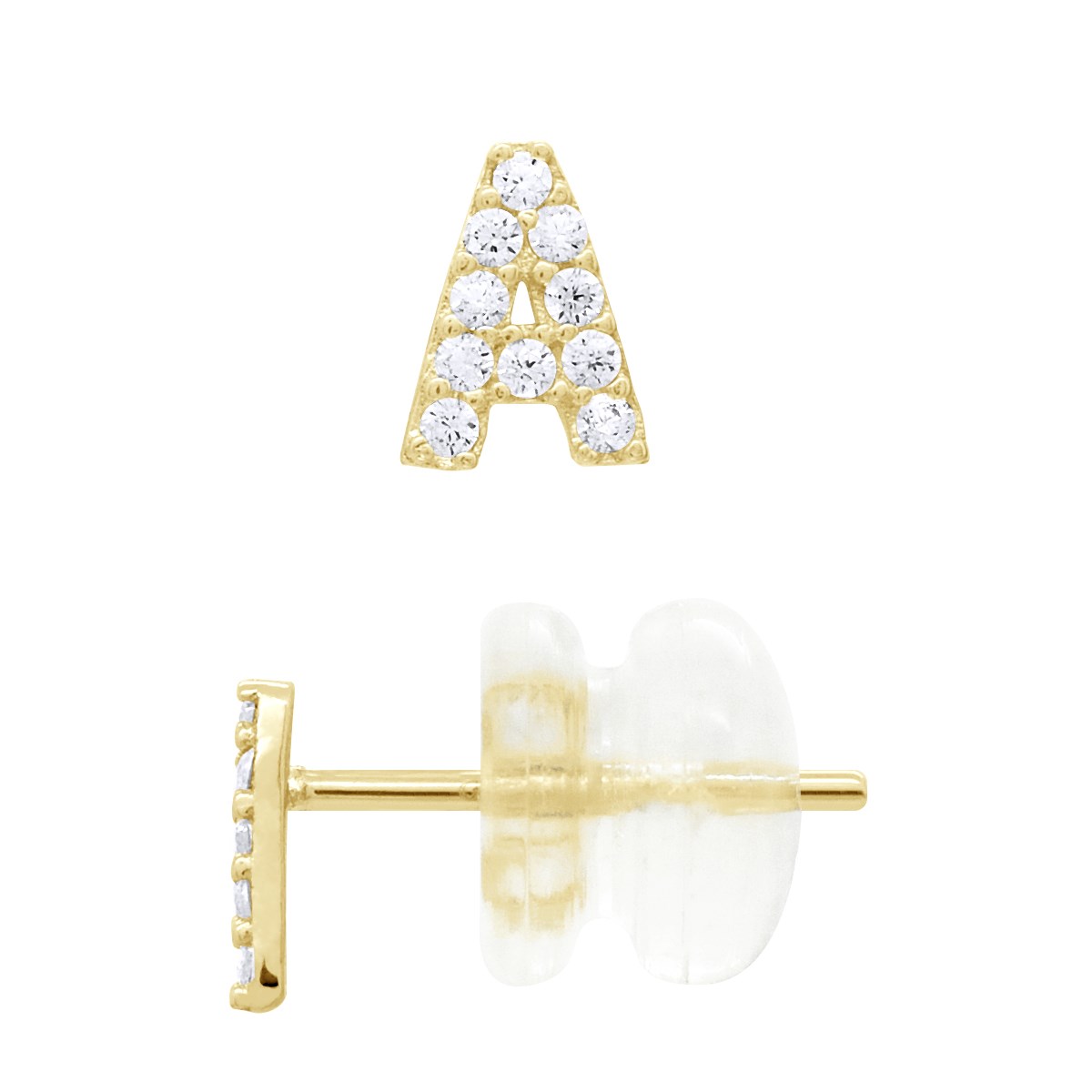 Boucles d'Oreilles Puces - Initiale Lettre A Serties d'Oxydes de Zirconiums - Or Jaune