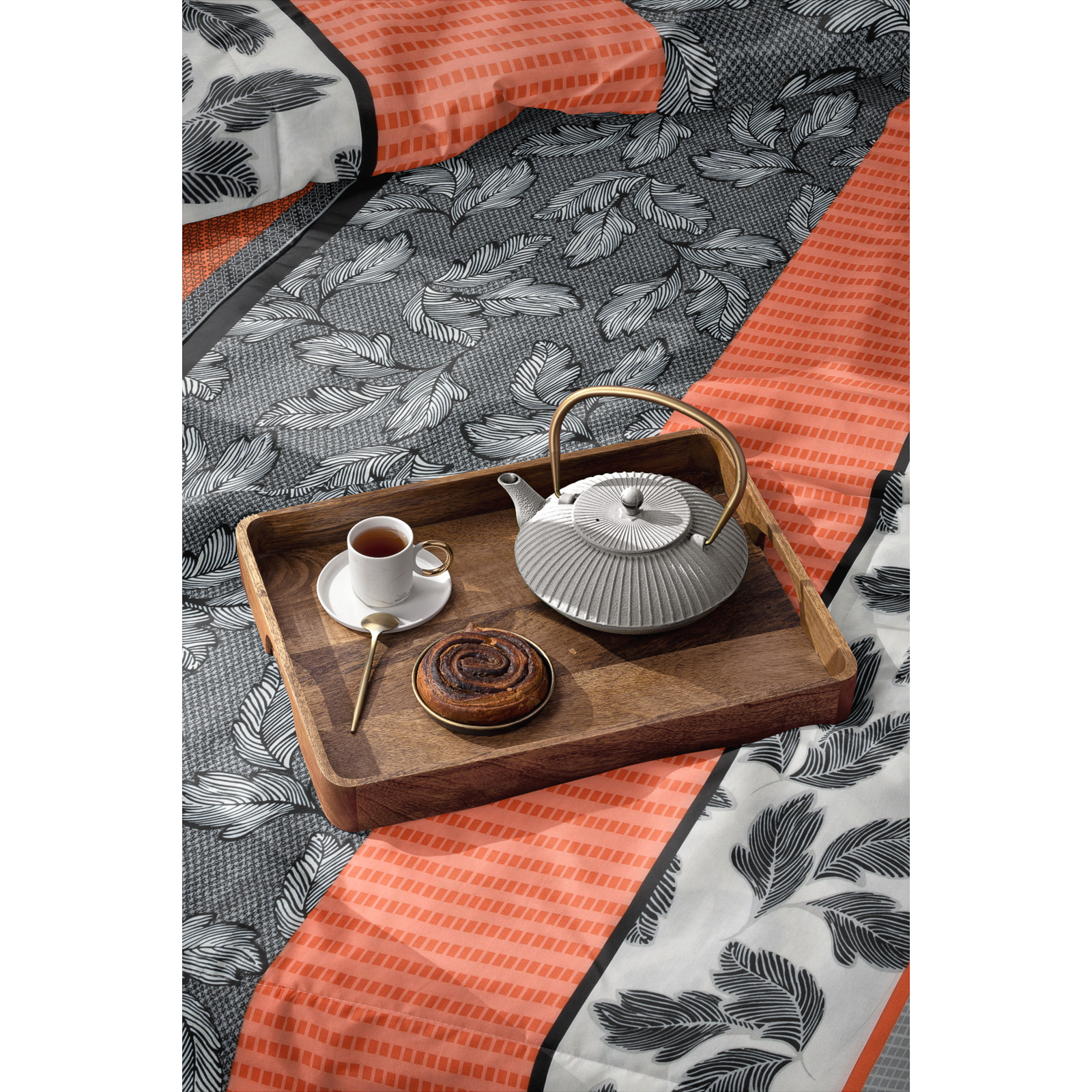Bettwäsche Satin Blätter und Streifen grau-orange 160x210 65x100 Bettanzug Nord