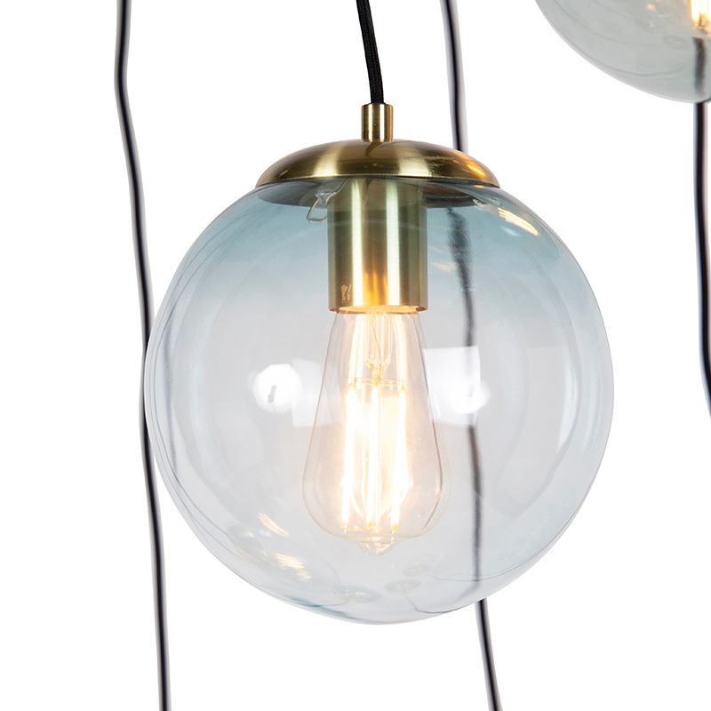 Art deco hanglamp messing met blauw glas 7-lichts - Pallon