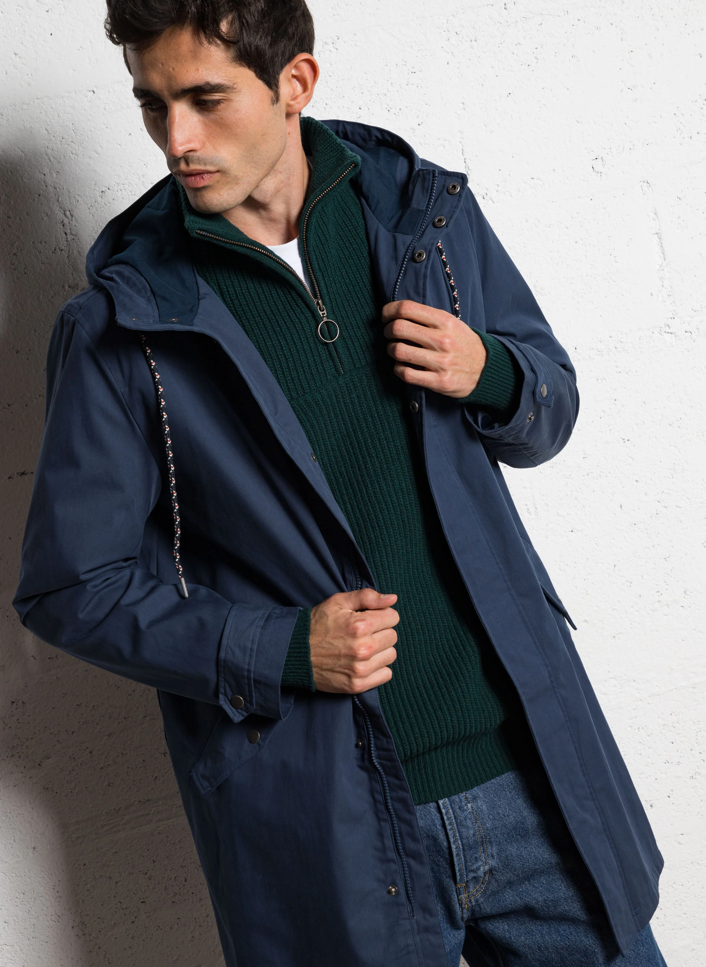GRESIGNE - Imperméable droit col montant en coton mélngé | Bleu