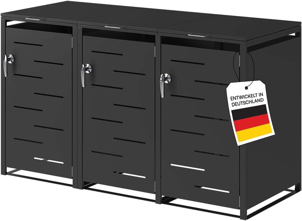 STEELSØN Diorus Mülltonnenbox 3er bis 120L abschließbar – Hochwertige Mülltonnenverkleidung für 3 Tonnen – Müllbox Stahl – Müllcontainer Schwarz - Mülltonnen Box wetterfest – Gerätebox mit Schloss