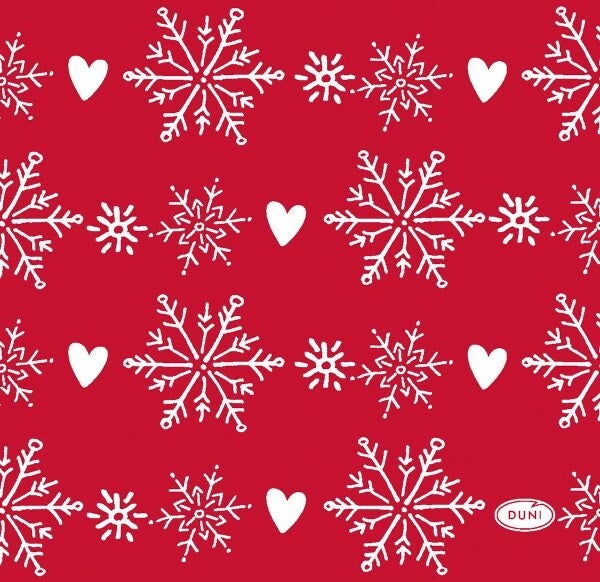 Duni servet Winter Flakes Hearts rood 24 x 24 cm 20 stuks