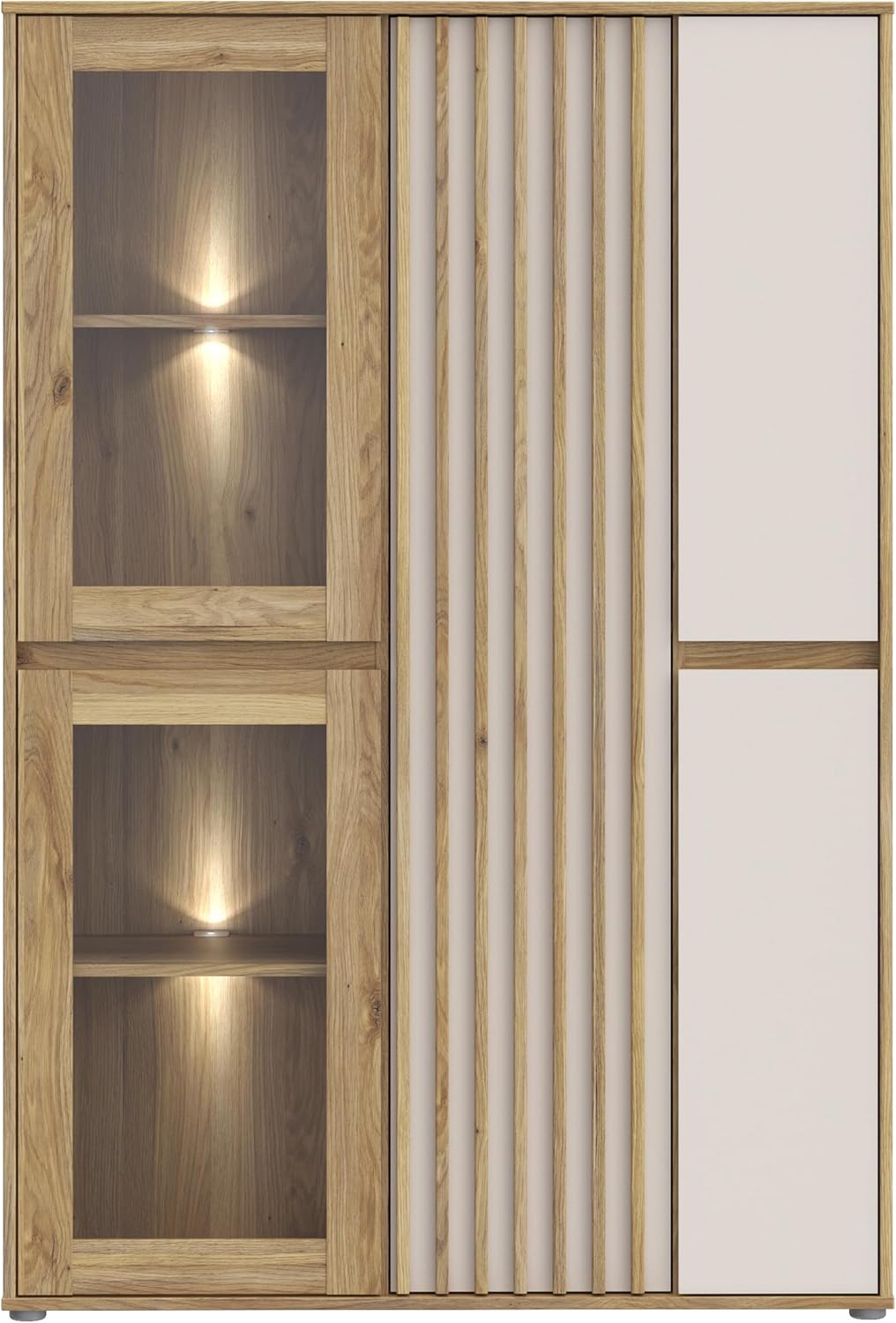 Forte ELISTON Vitrine 100 110, moderner Schrank mit Lamellendesign, 5-türig, Wohn-/Schlafzimmer, Mauvella Eiche Holzdekor|Kashmir Beige, 109,3 cm breit x 161,7 cm hoch x 41,5 cm tief