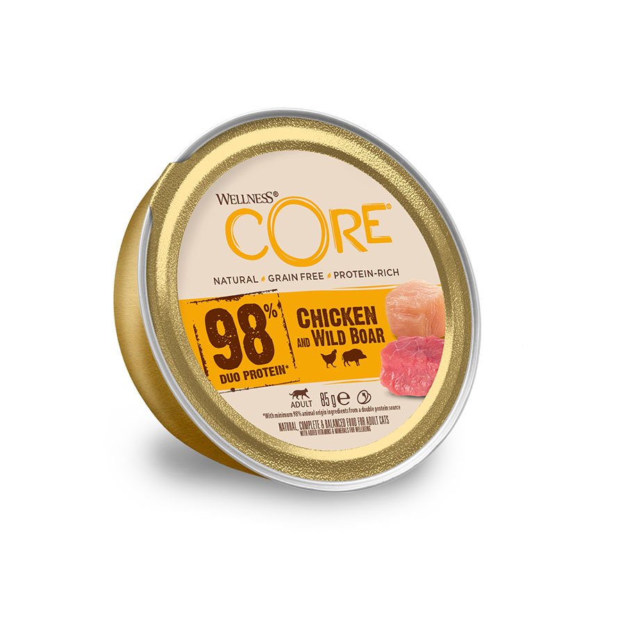 Pote de 85g de ração para gatos Wellness Core Single Protein sabor Frango e Javali