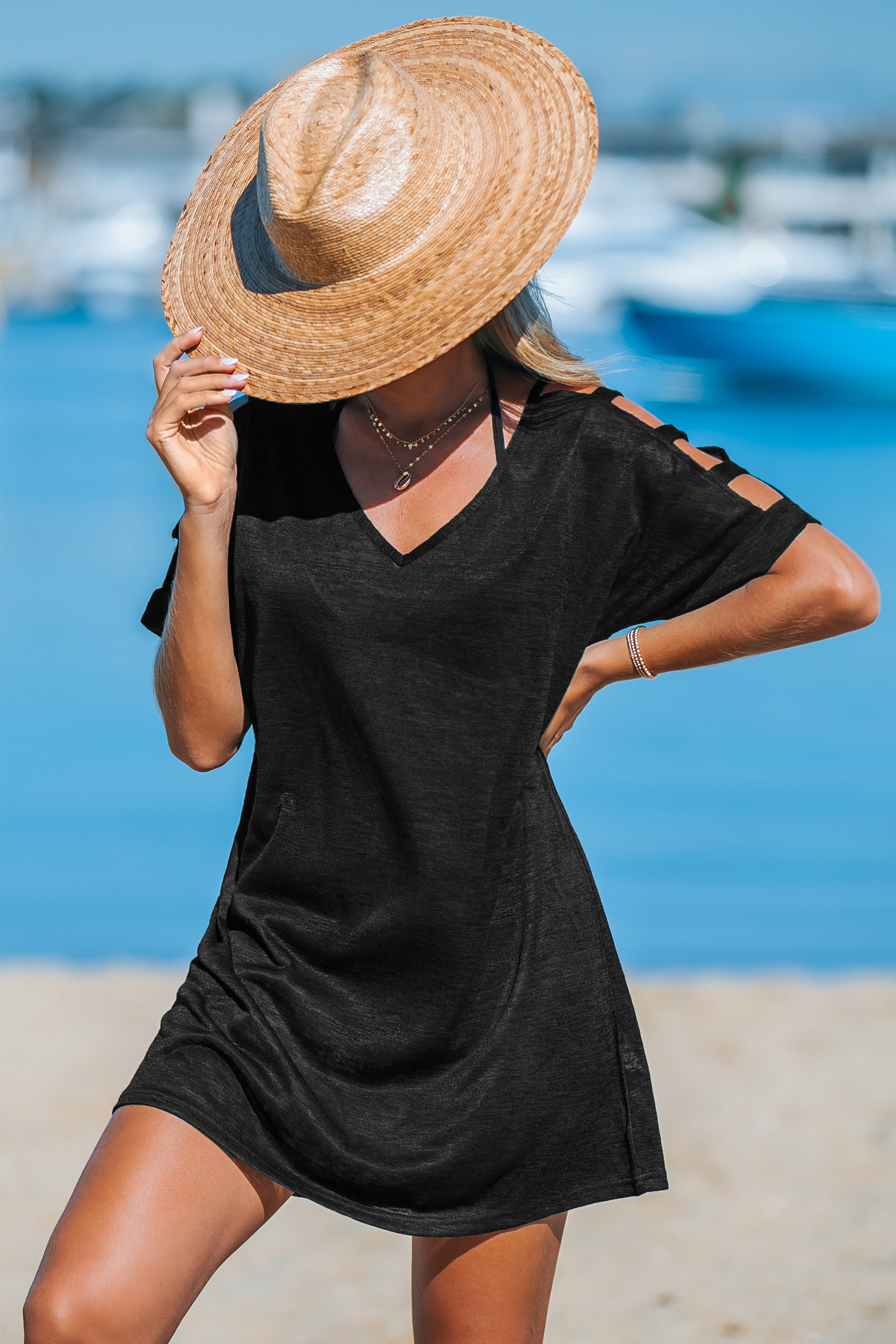 Robe cover up à manches courtes et col en V noire