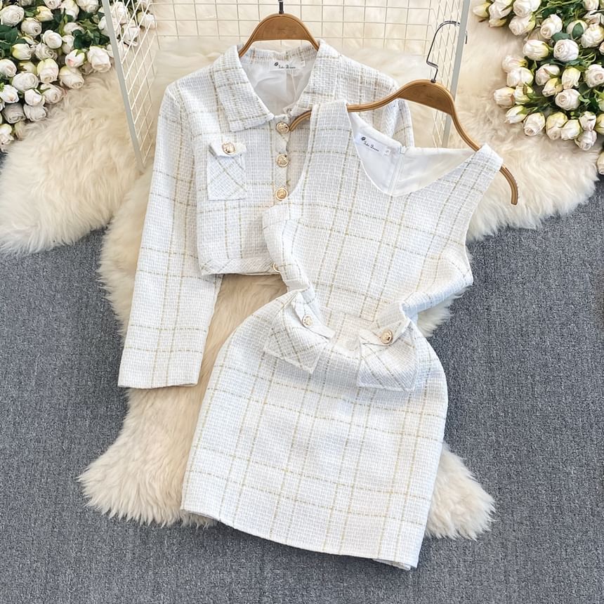 Yearnin - Set: Geruite tweed cropped jas met kraag en knoopjes + mouwloze V-hals mini-jurk