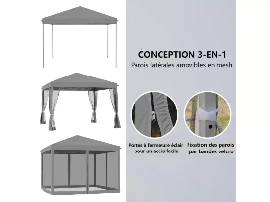 Tonnelle gazebo en acier et en 420d tissu oxford - 3x3m 9 m² - avec rideaux - 2 portes fermeture éclair