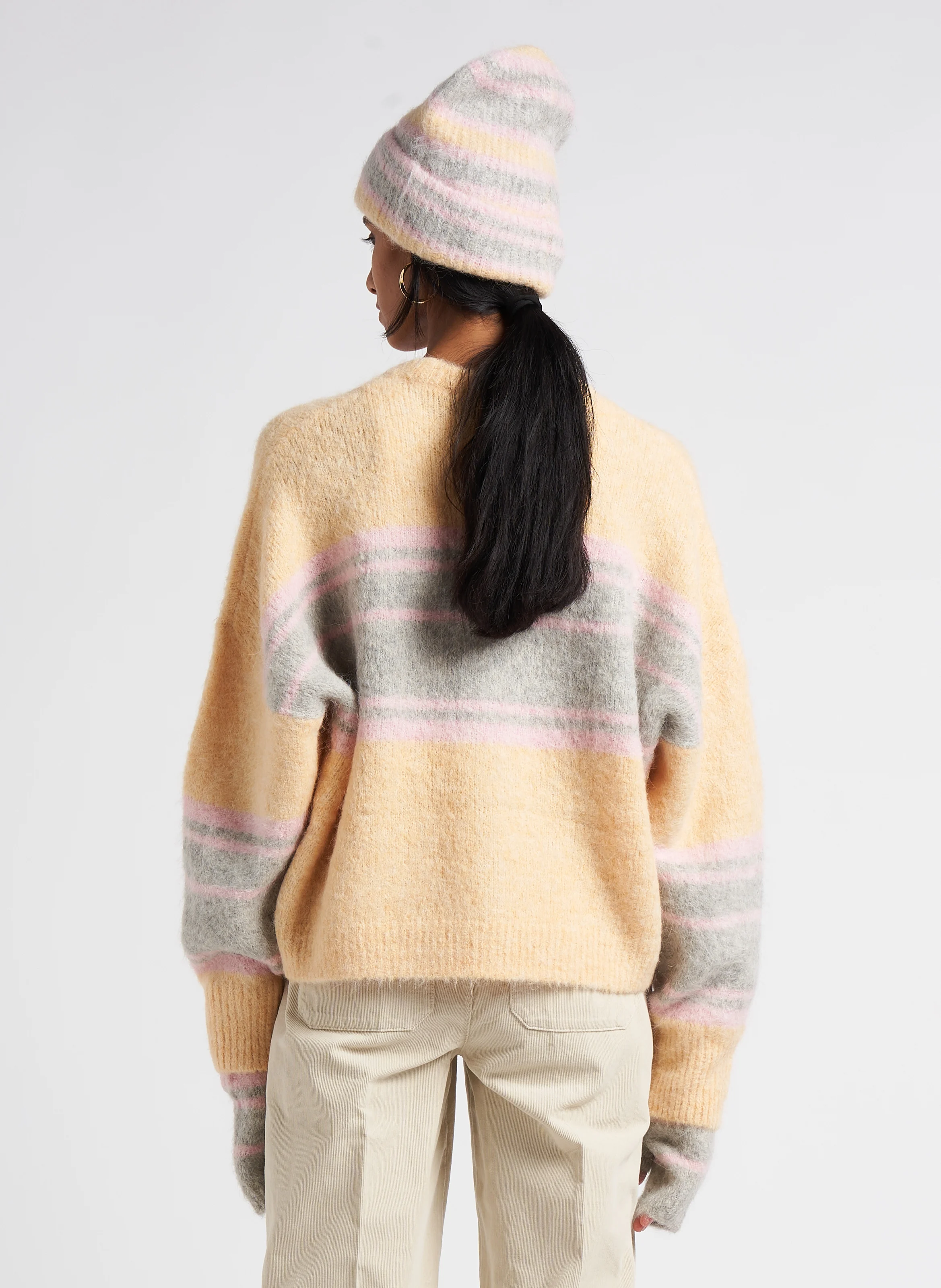 MILA - Pull ample col rond rayé en alpaga mélangé | Gris