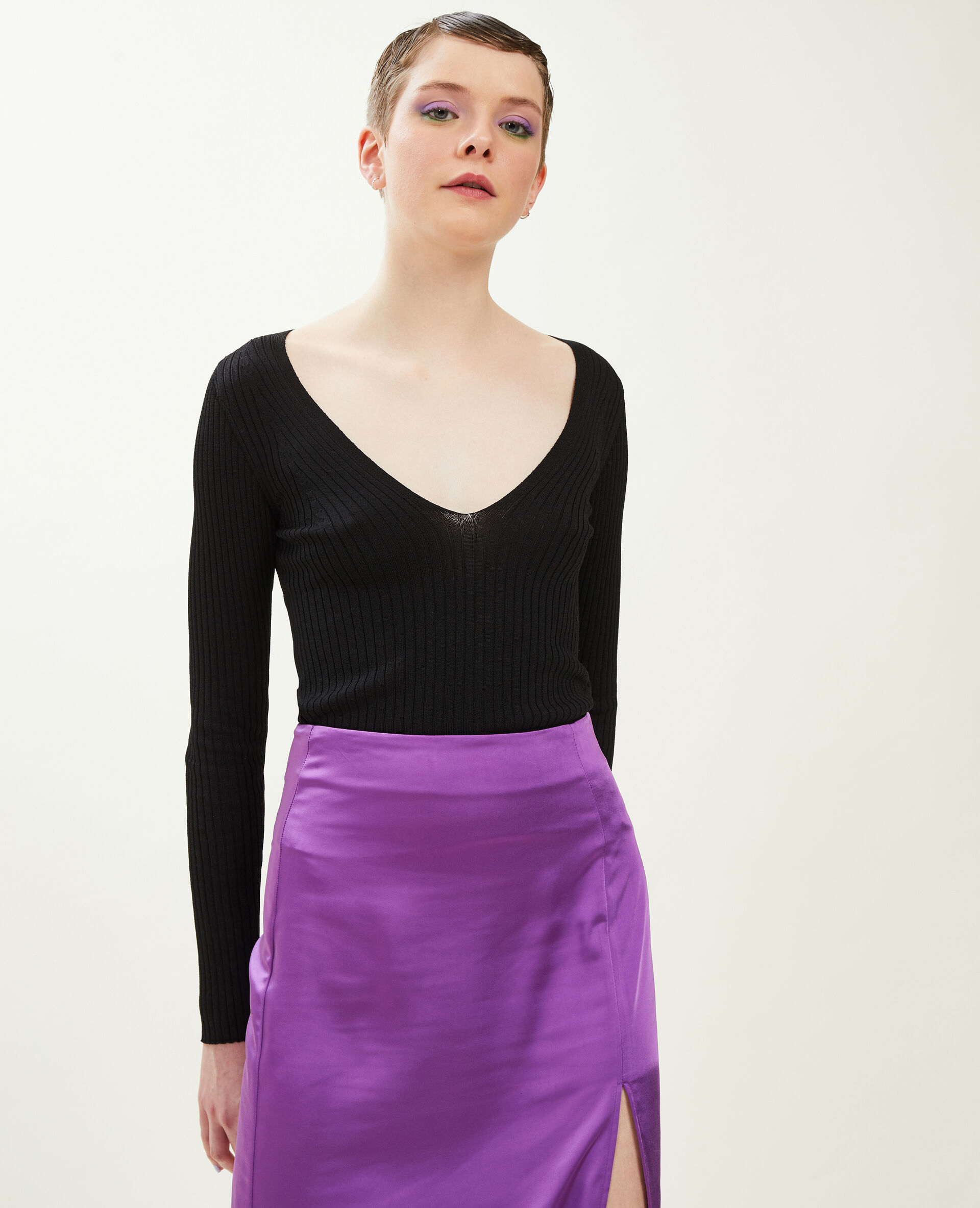 Pull col V maille côtelée - Noir