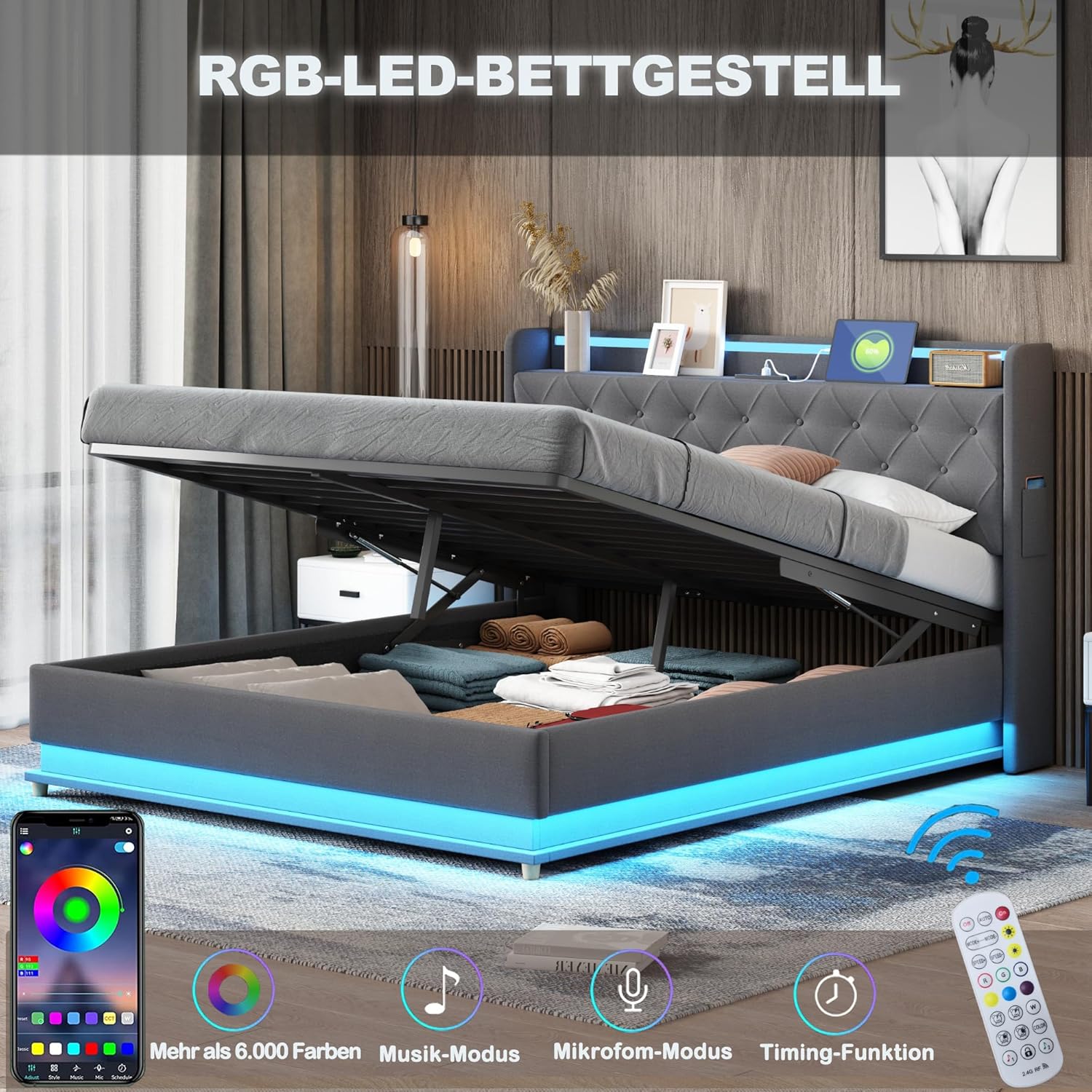 Polsterbett Doppelbett Bett 140x200 cm mit Stauraum und Kopfteil, Hydraulisches Stauraumbett mit USB und LED, Jugendbett Bettgestell mit Lattenrost, Leinen, Grau, Ohne Matratze