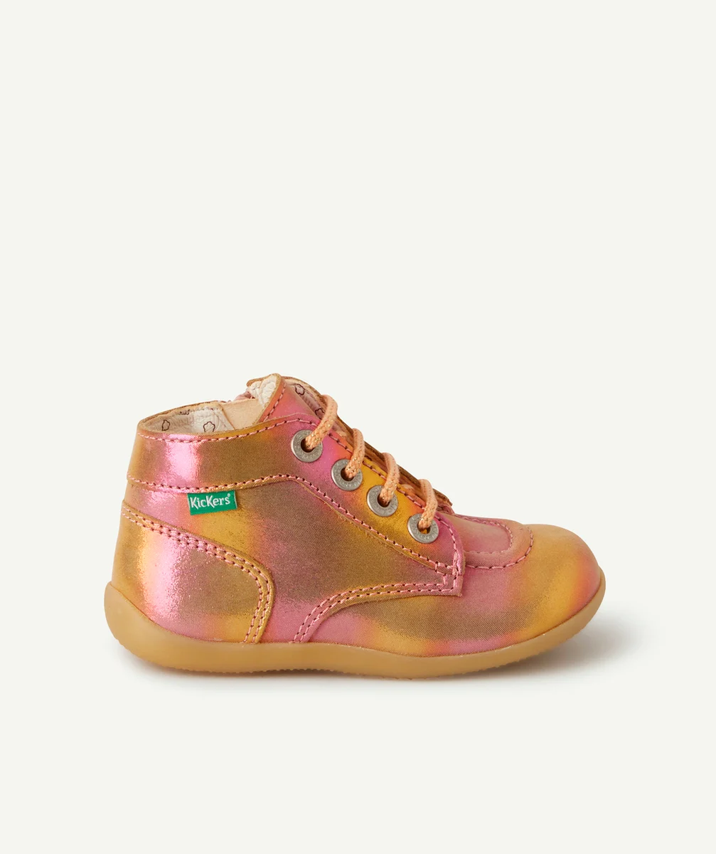 KICKERSBOTTINES BÉBÉ FILLE BONZIP ROSE EN CUIR MULTICOLORE AVEC LACETS