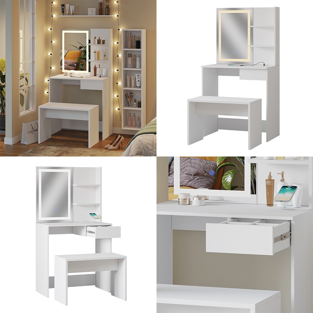 Vicco Schminktisch Dekos Weiß 75 cm mit LED-Spiegel QI-Ladestation und Bank